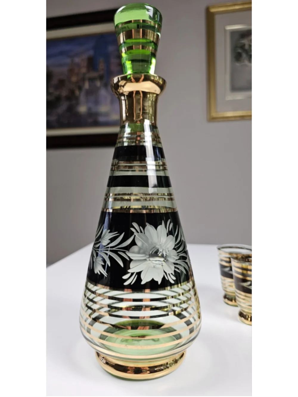 MCM Bohemian Green Glass Decanter & 22K Gold Stripe Floral Etched Cordial Set